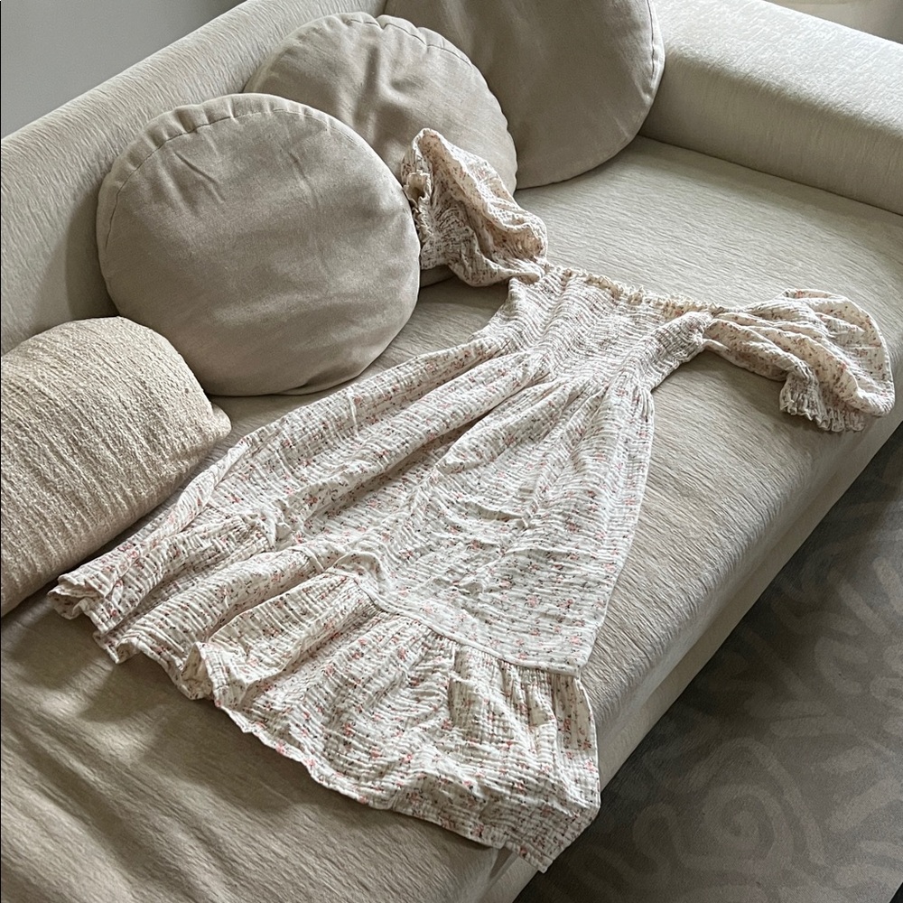 Peach Sakura Floral Smocked Cotton Gauze Dress